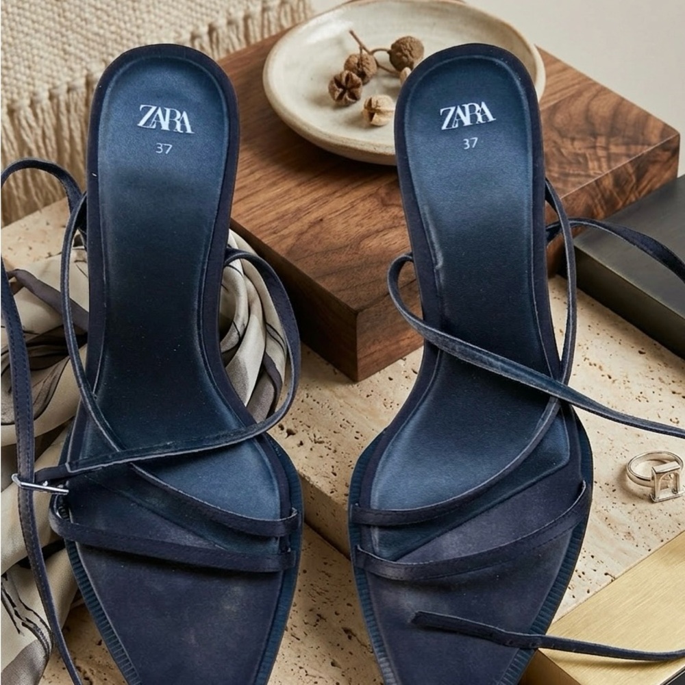 Zara Strappy Navy Platform Sandals with Wrap-Around Laces